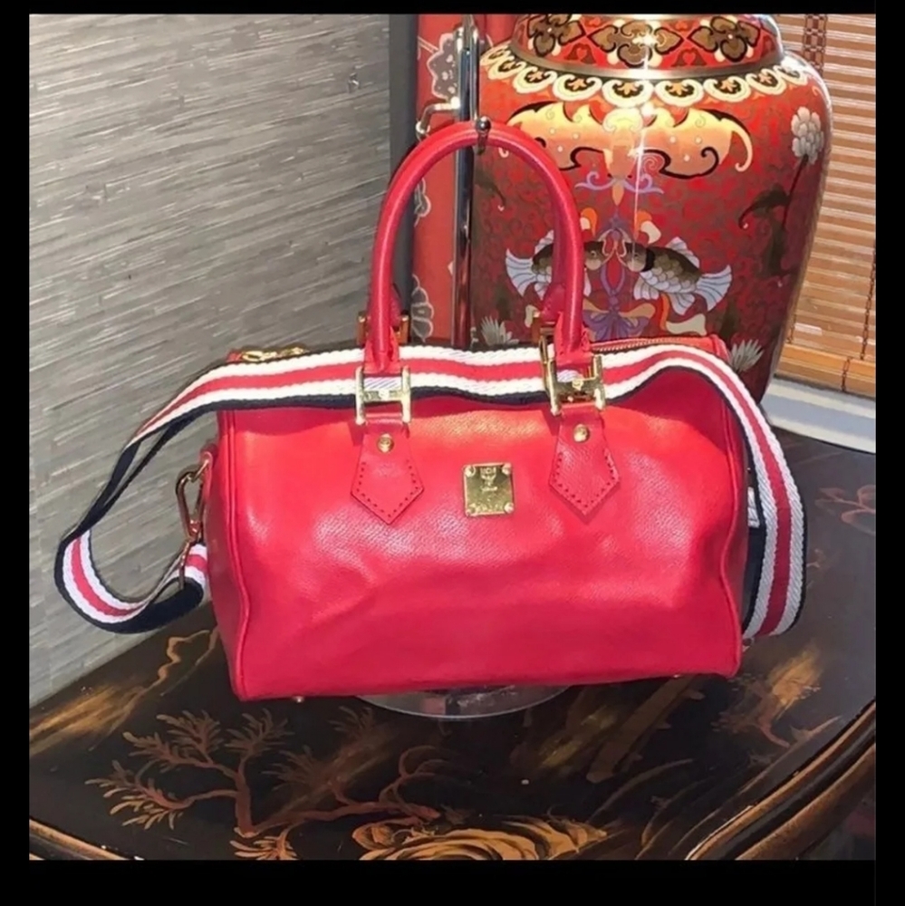 Vintage Numbered Limited Ed Rare MCM Red Leather Boston Satchel and Shoulder Bag